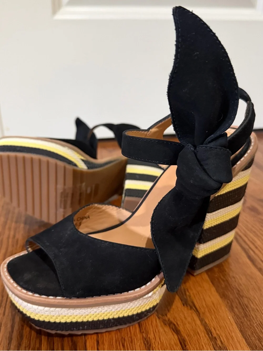 Black Suede Platform Sandals with Yellow and Brown Striped Wedge
